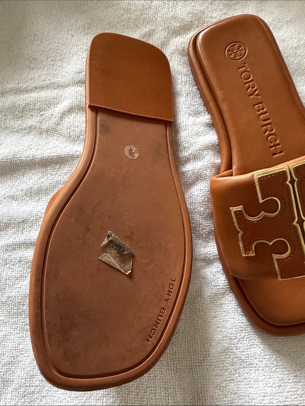 Tory Burch Tan Leather Slide Sandals with Gold-Tone Logo - Picture 2 of 2